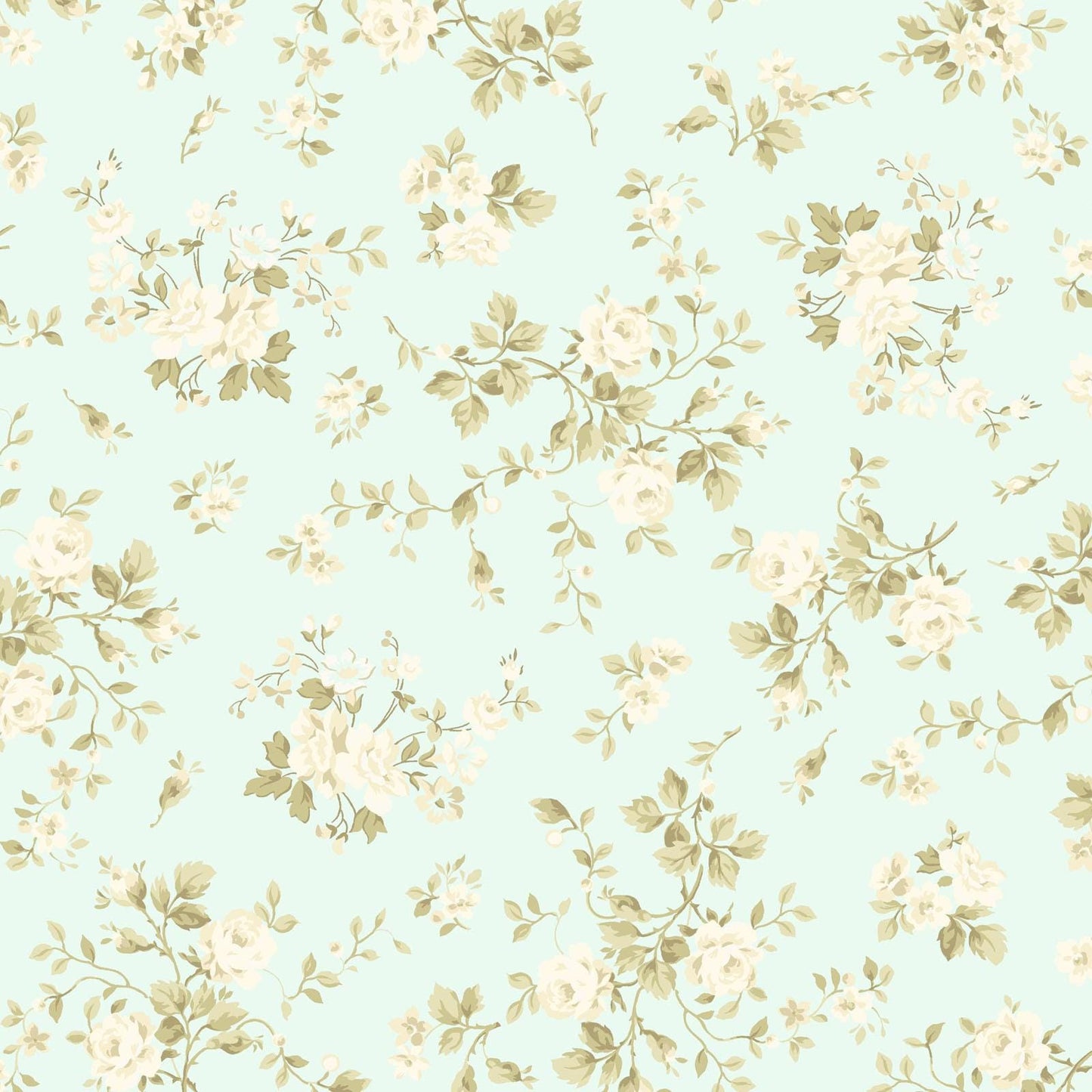 Charlotte Rose Bunches Fabric by Clothworks Off White Roses on Light Turquoise | 100% Cotton Quilt Fabric
