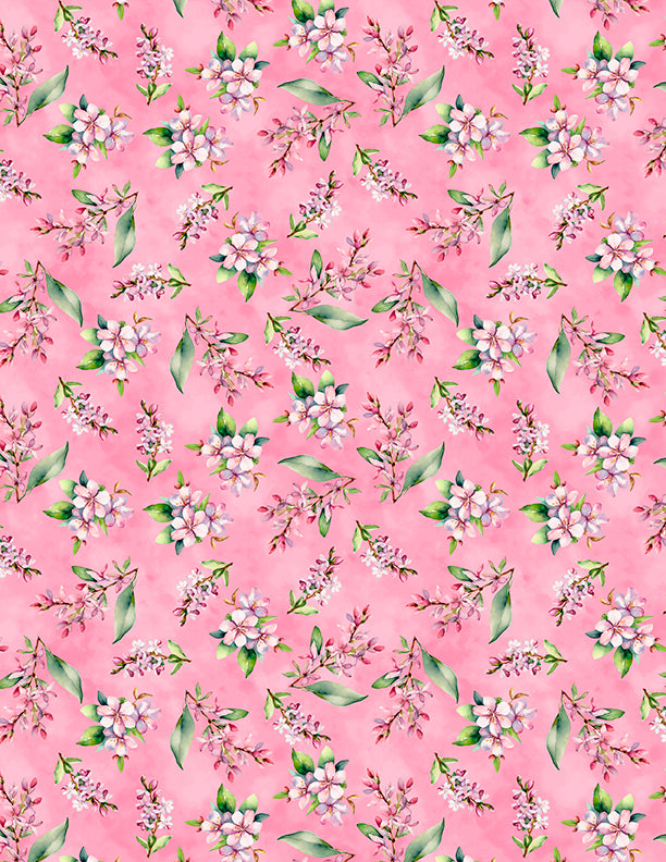 Dahlia Botanica Pink Floral Fabric by Wilmington Prints - Tossed Flower Sprigs Fabric