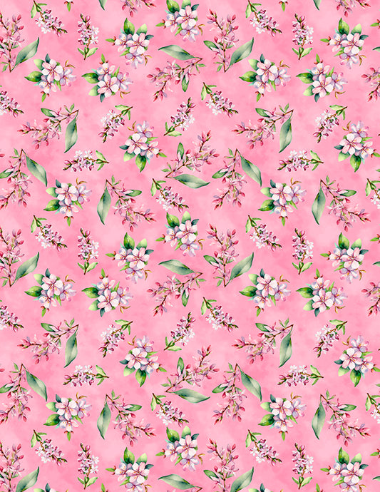 Dahlia Botanica Pink Floral Fabric by Wilmington Prints - Tossed Flower Sprigs Fabric