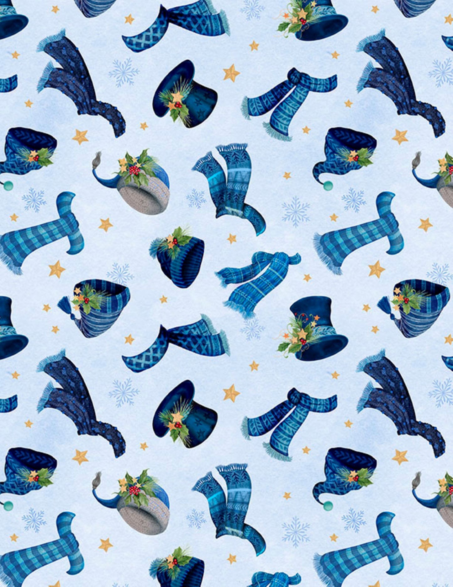 Hats and Scarves Light Blue Fabric | Wilmington Prints Let It Snow-Man Collection