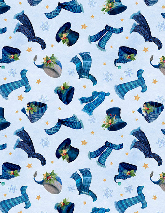 Hats and Scarves Light Blue Fabric | Wilmington Prints Let It Snow-Man Collection
