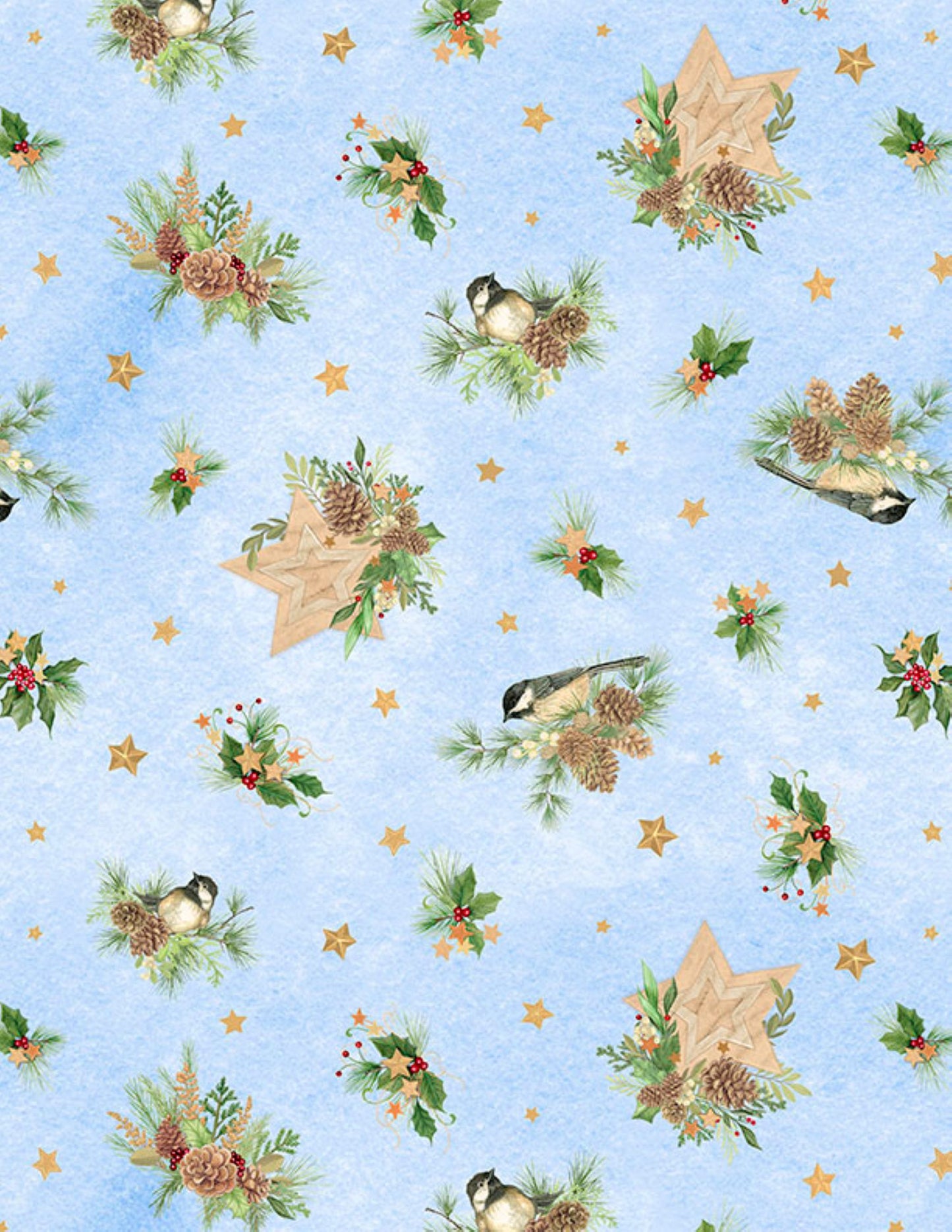 Birds & Pine Toss Light Blue Fabric | Let It Snow-Man by Wilmington Prints