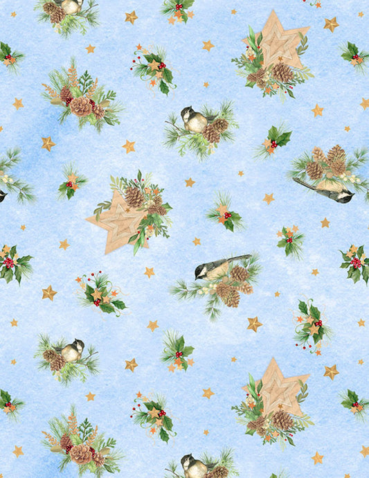 Birds & Pine Toss Light Blue Fabric | Let It Snow-Man by Wilmington Prints