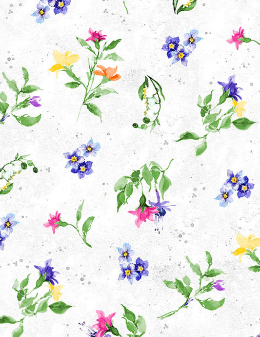 Watercolor Floral Toss by Wilmington Prints – Floral Flutter Quilting Cotton on Light Grey Yardage