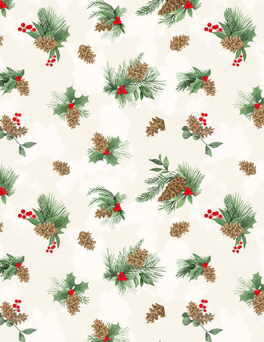 Cardinal Charm Pinecones & Holly Fabric | Wilmington Prints Christmas Cotton Fabric by the Yard