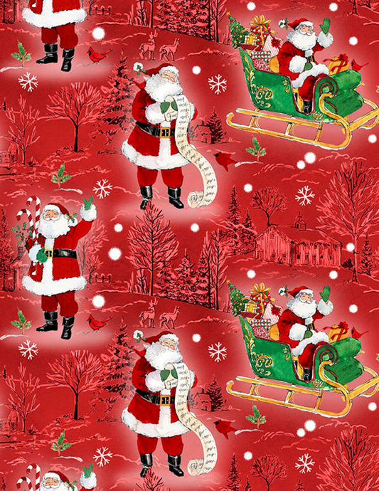 Wilmington Prints The Jolly North Scenic Toile & Santas Red Fabric by the Yard | Christmas Cotton Fabric | 44 Inch Wide