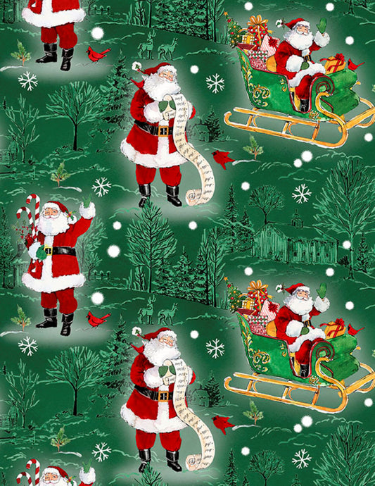 Wilmington Prints The Jolly North Scenic Toile & Santas Green Fabric by the Yard | Christmas Cotton Fabric | 44 Inch Wide