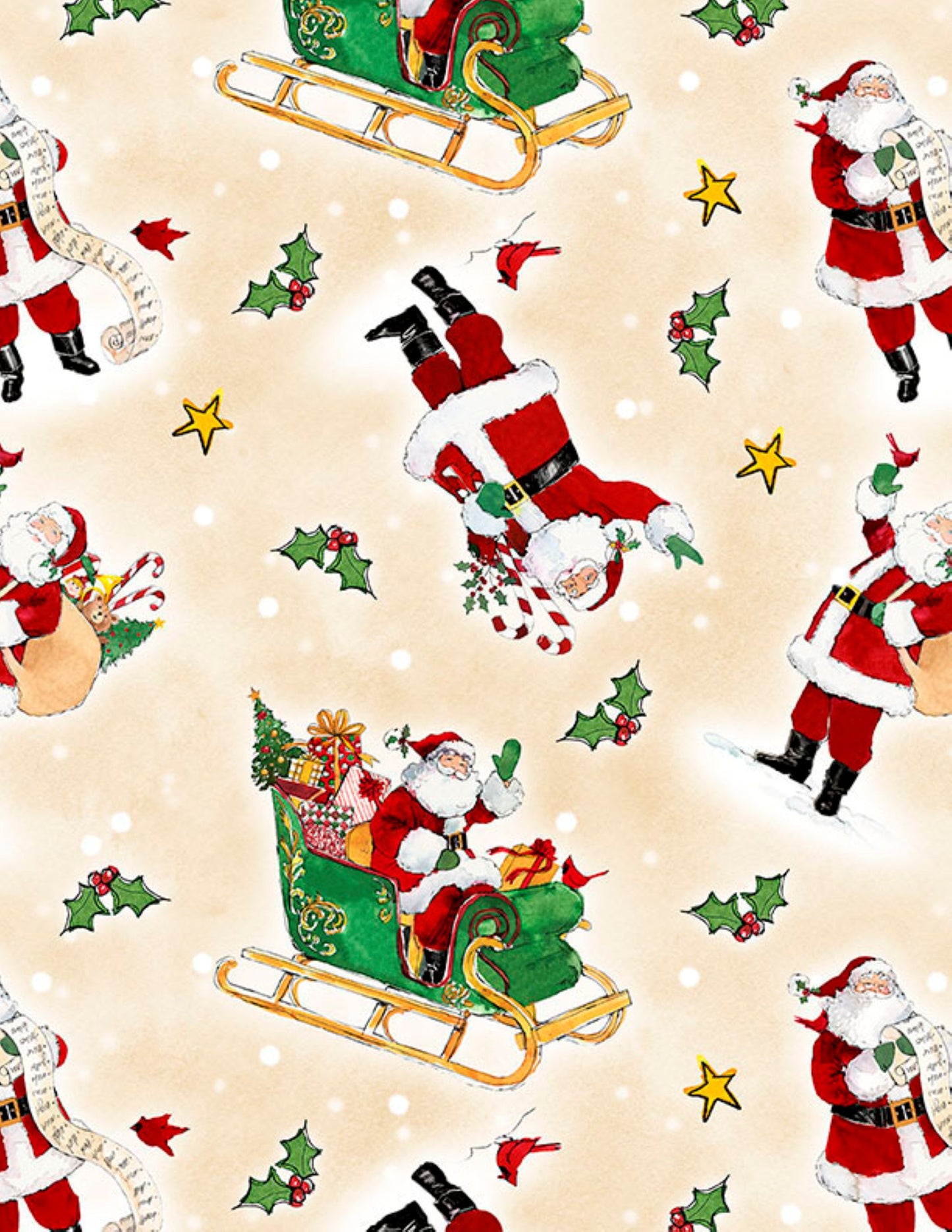 Wilmington Prints The Jolly North Tossed Santas Cream Fabric by the Yard | Christmas Cotton Fabric | 44 Inch Wide