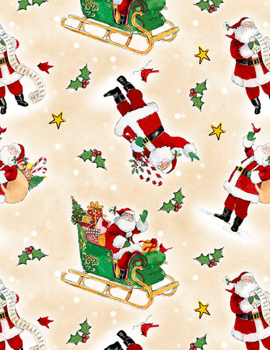 Wilmington Prints The Jolly North Tossed Santas Cream Fabric by the Yard | Christmas Cotton Fabric | 44 Inch Wide