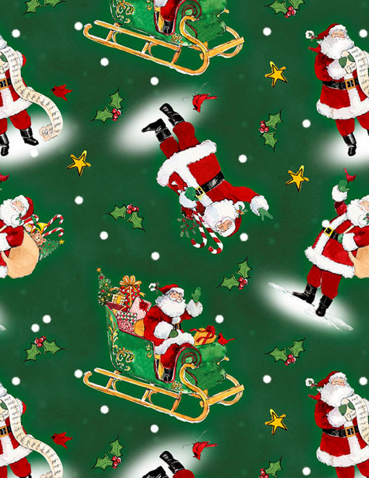 Wilmington Prints The Jolly North Tossed Santas Green Fabric by the Yard | Christmas Cotton Fabric | 44 Inch Wide