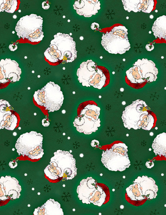 Santa Head Toss Green Fabric | The Jolly North by Wilmington Prints | Christmas Cotton Fabric by the Yard