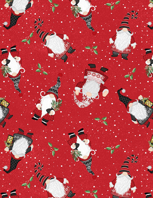 Wilmington Prints Snowy Gnomies Gnome Toss Red Fabric by the Yard | Christmas Gnome Cotton Fabric | 44 Inch Wide