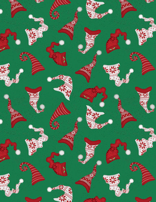 Gnomies Hat Toss Green Fabric by the Yard | Christmas Gnome Cotton Fabric | 44 Inch Wide