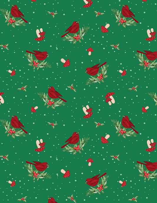 Wilmington Prints SnoGnomies Cardinals Green Fabric by the Yard | Christmas Cardinal Cotton Fabric | 44 Inch Wide