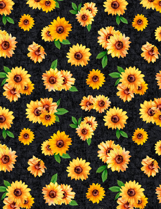 Sunshine Whispers Sunflower Fabric by the Yard | Wilmington Prints Black Floral Cotton Fabric