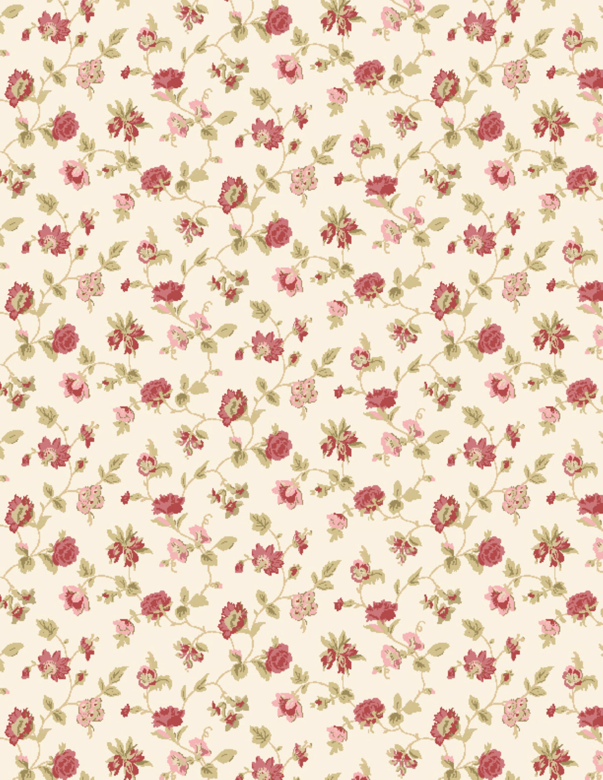 Crimson Majesty Fabric: Small Tossed Florals on Cream Cotton.