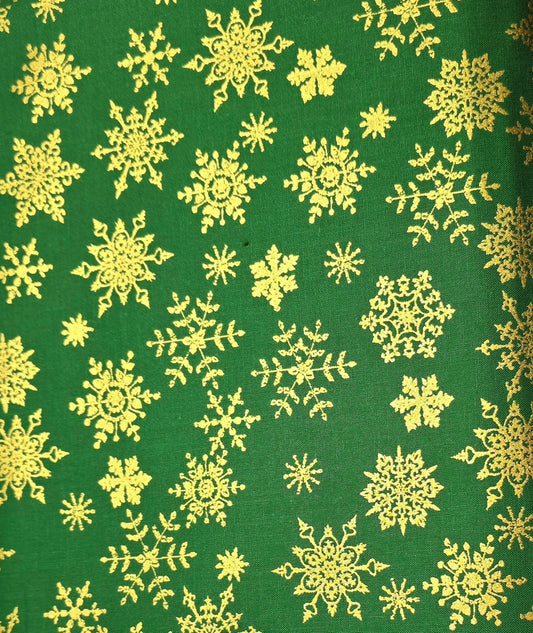 Green Merry Christmas Metallic Gold Snowflake Cotton Quilt Fabric.