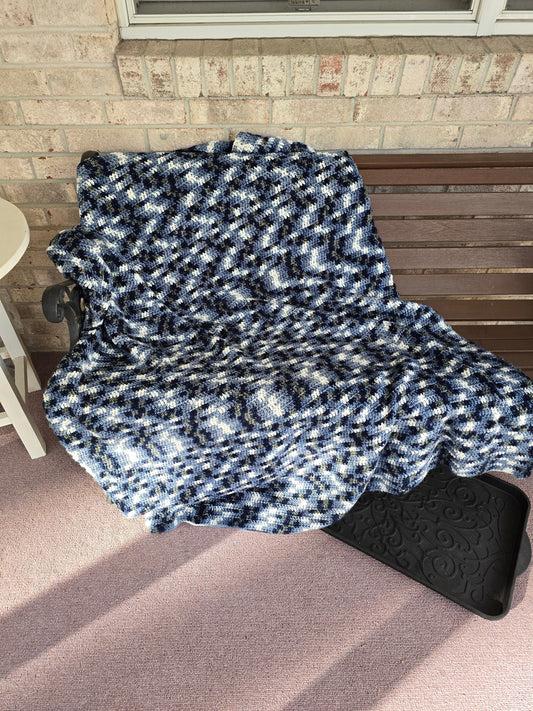 Blueberry Hill Hand-Crocheted Blanket – Ultra-Soft Blue, White, & Gray