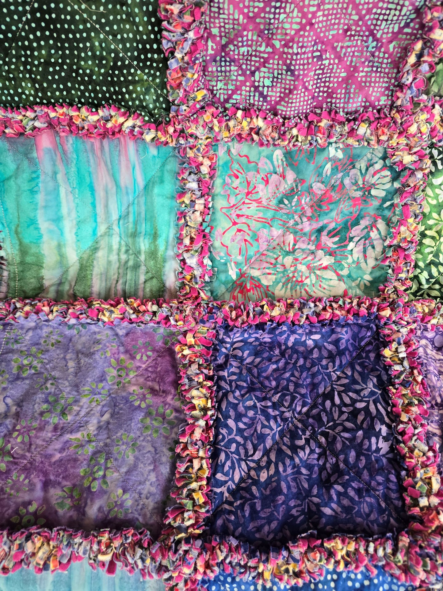 Harmony Rag Quilt Throw – Vibrant Fuchsia, Green, Purple & Blue