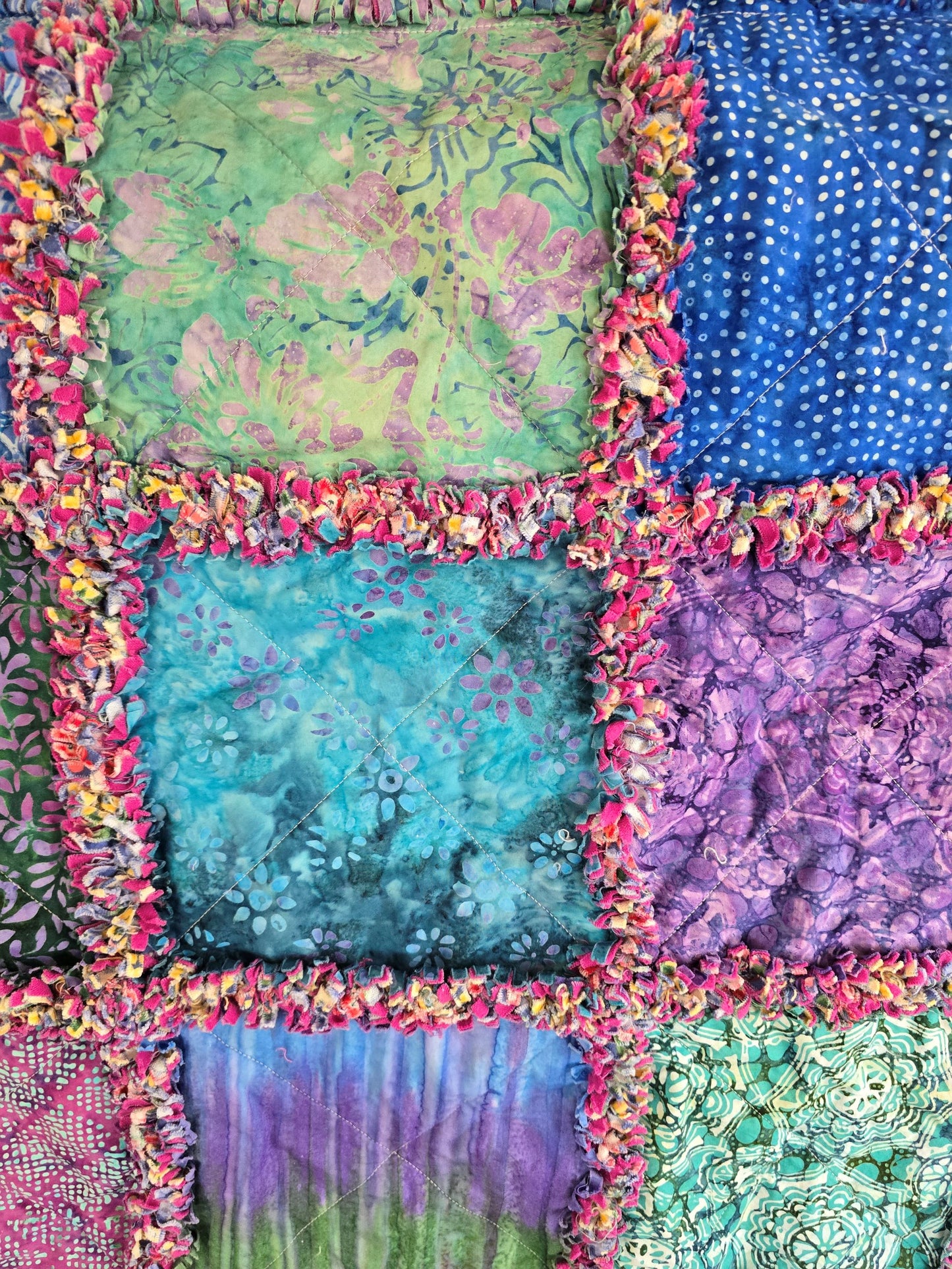 Harmony Rag Quilt Throw – Vibrant Fuchsia, Green, Purple & Blue