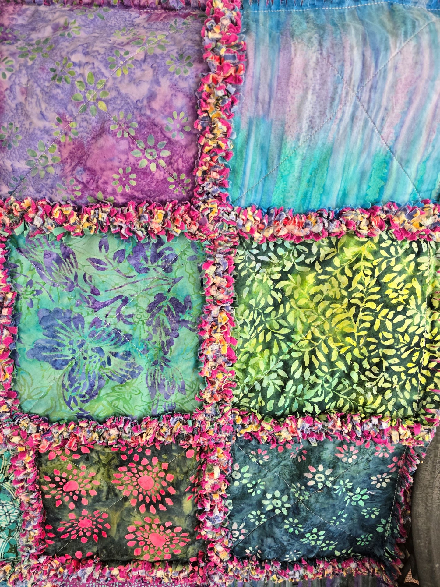 Harmony Rag Quilt Throw – Vibrant Fuchsia, Green, Purple & Blue