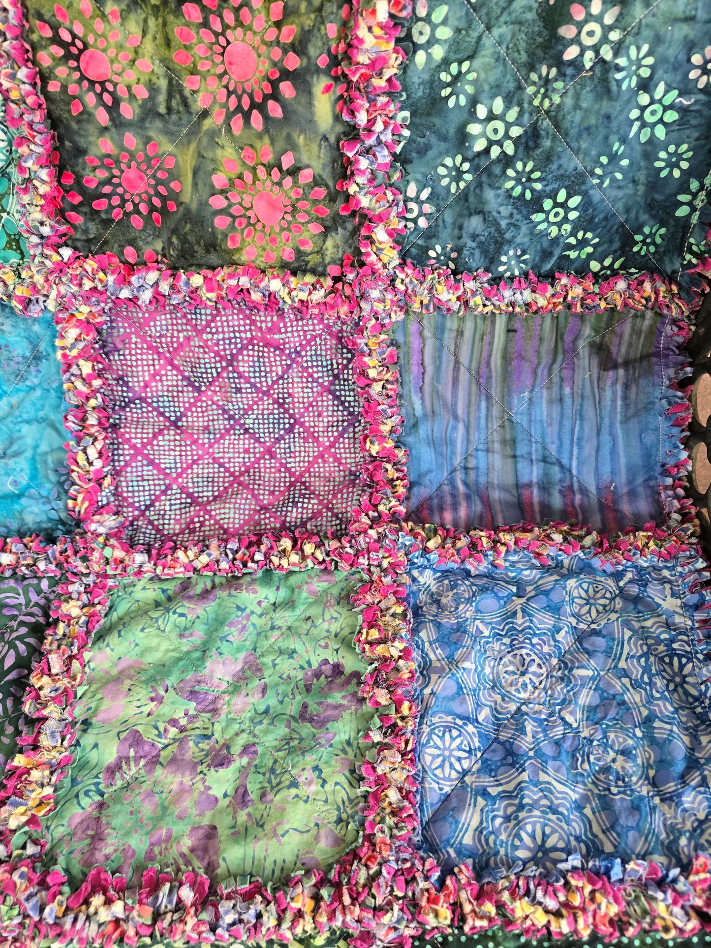 Harmony Rag Quilt Throw – Vibrant Fuchsia, Green, Purple & Blue