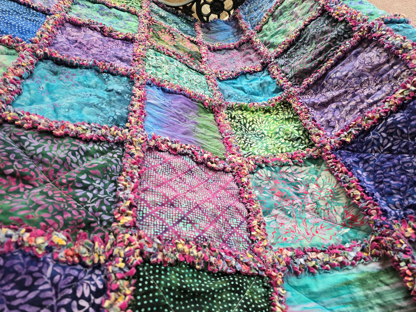 Harmony Rag Quilt Throw – Vibrant Fuchsia, Green, Purple & Blue