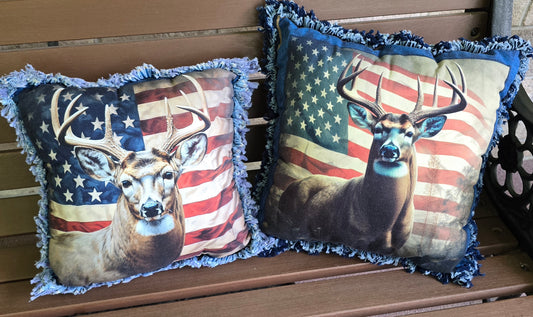 All American Buck Decorative Throw Pillow – Rustic Lodge Deer Accent Cushion | Patriotic Wildlife Pillow | 16" Square | Farmhouse Cabin Decor