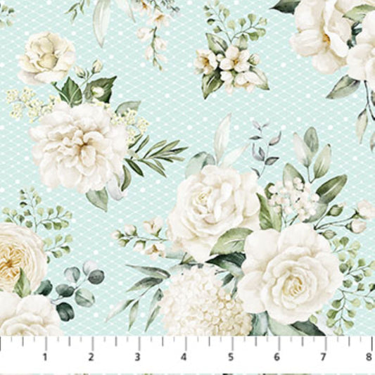 White Wedding Floral Fabric by Northcott – Seafoam Green Quilting Cotton