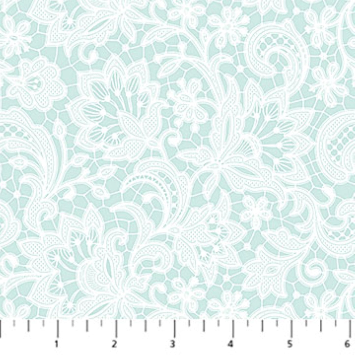 White Wedding Lace Fabric by Northcott – Seafoam Green Quilting Cotton