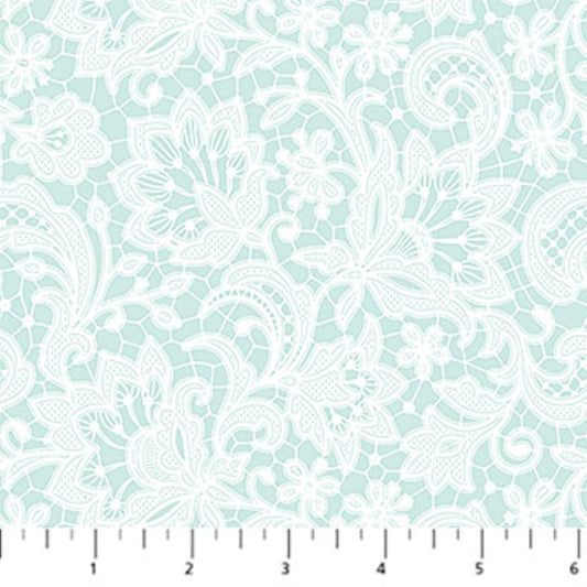 White Wedding Lace Fabric by Northcott – Seafoam Green Quilting Cotton