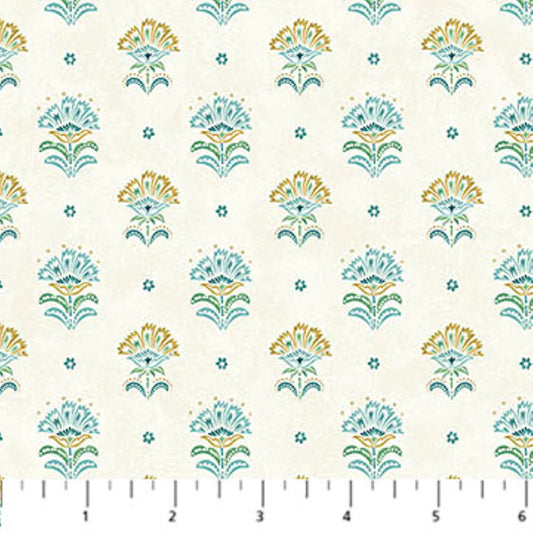 Mariposa Floral Cotton Fabric by Northcott – Teal & Gold Folk Quilting Cotton Yardage