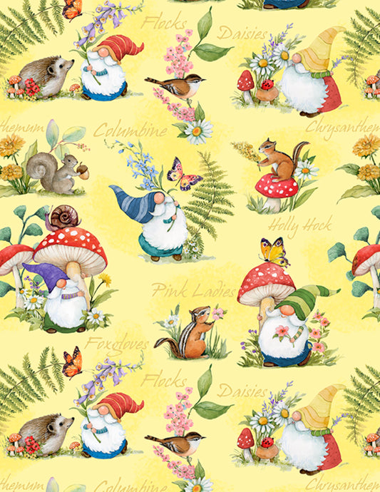 Gnome-Grown Fabric by Susan Winget – Playful Gnomes on Yellow