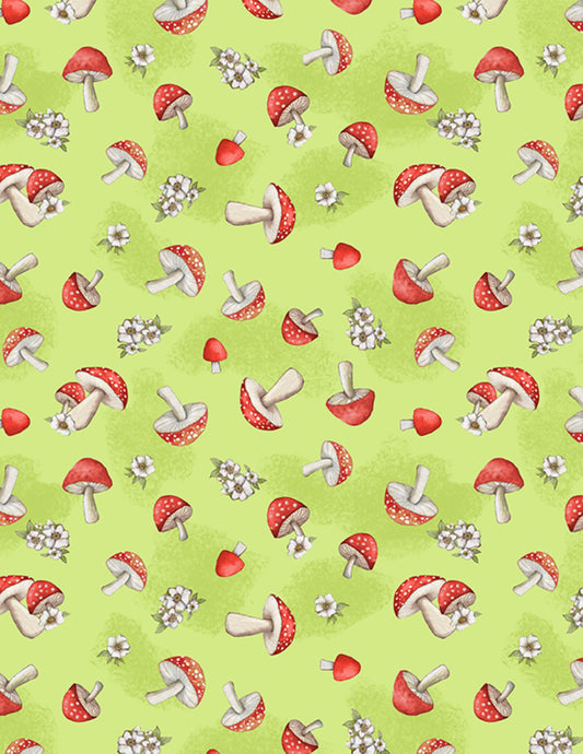 Gnome-Grown Fabric – Tossed Mushrooms on Spring Green