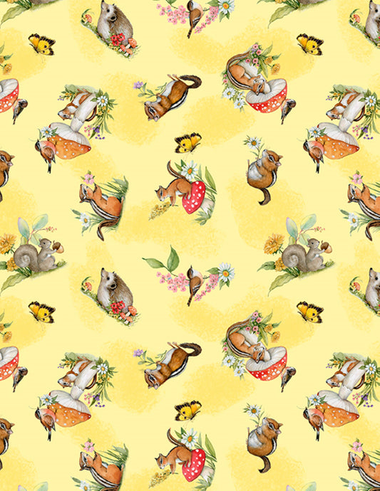 Gnome-Grown Fabric by Susan Winget – Woodland Animals on Yellow, Wilmington Prints