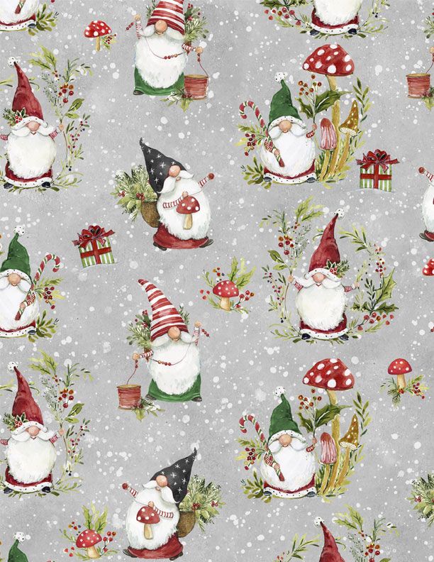 Merry Gnome-ments Fabric – Christmas Gnomes on Gray