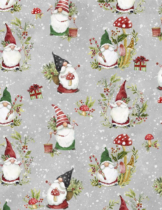 Merry Gnome-ments Fabric – Christmas Gnomes on Gray