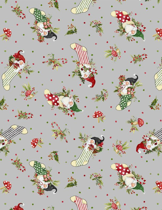 Merry Gnome-ments Fabric – Holiday Gnomes & Stockings on Gray