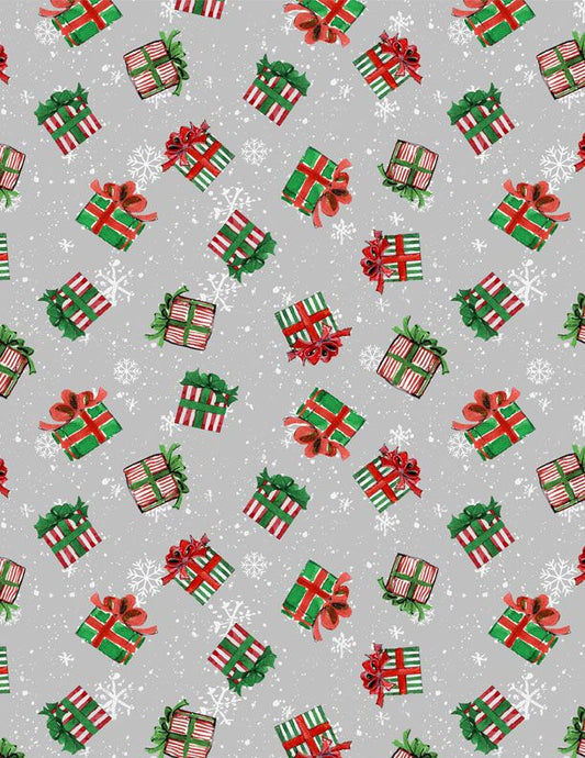 Merry Gnome-ments Gifts Fabric – Festive Presents on Gray