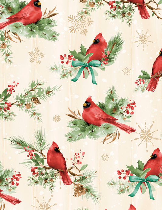 Cardinal Celebration Christmas Fabric – Cardinals & Festive Greenery – Holiday Cotton Fabric