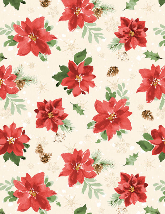 Cardinal Celebration Christmas Fabric – Poinsettias, & Festive Greenery – Holiday Cotton Fabric