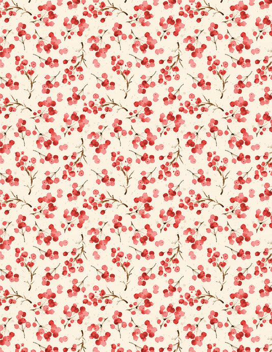 Cardinal Celebration Christmas Fabric – Christmas Berries & Festive Greenery – Holiday Cotton Fabric