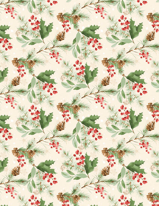 Cardinal Celebration Christmas Fabric – Festive Greenery – Holiday Cotton Fabric