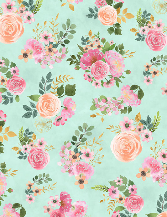 Peony Blossoms Fabric – Peach Pink Floral Quilting Cotton on Pale Teal Background