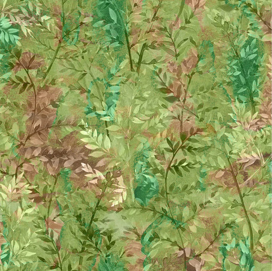 Mystic Mixers Fabric by Oasis Prints | Green Leaf Blender with Brown Accents | 100% Quilting Cotton