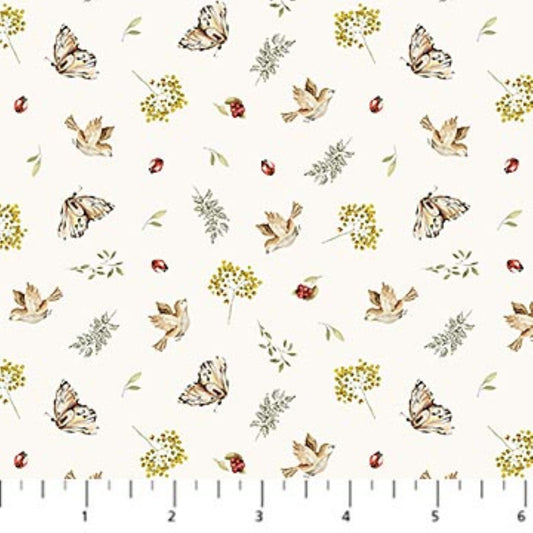 Northcott Story Book Birds on Cream Cotton Fabric | Woodland Bird Fabric by the Yard