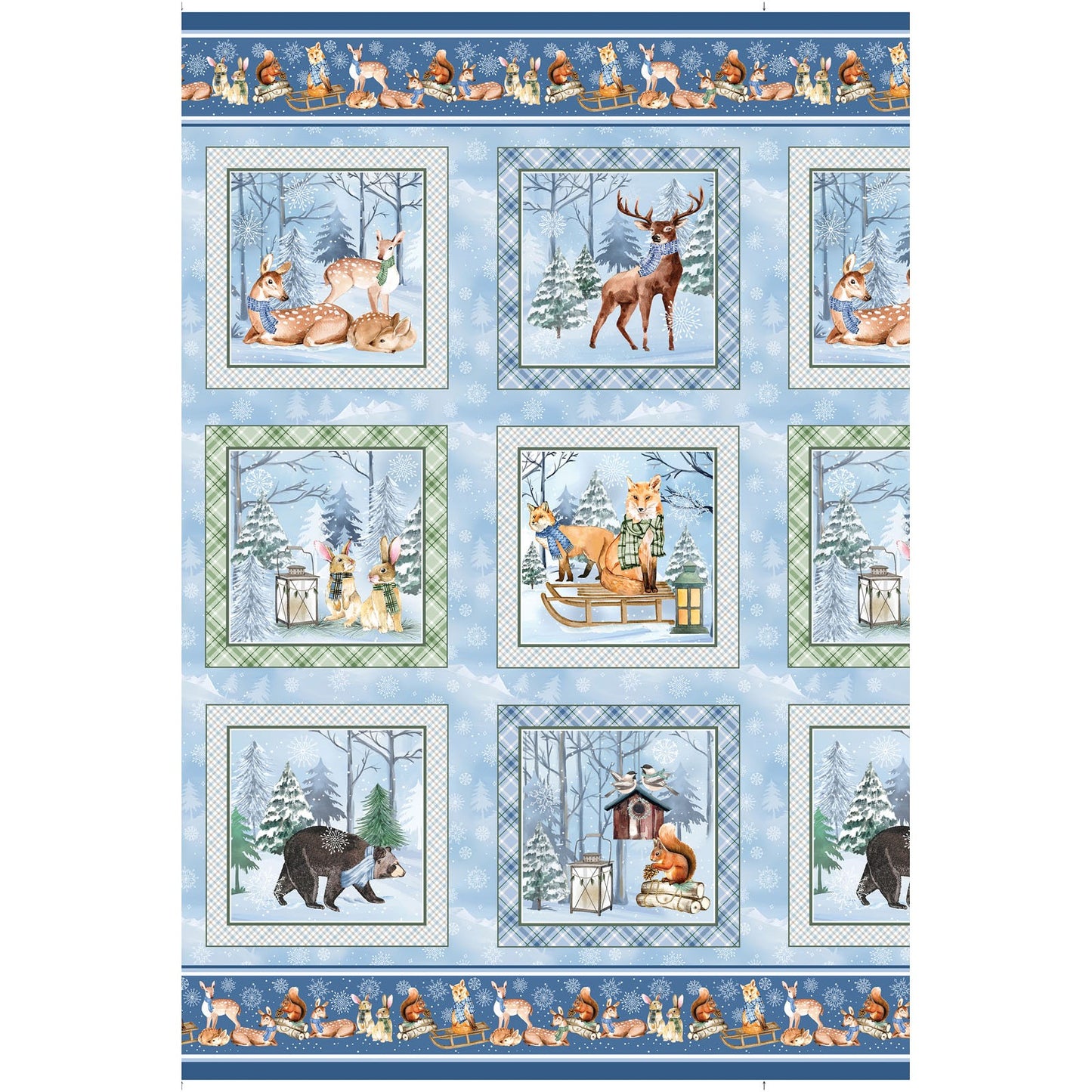 Woodland Wonderland Panel –  Winter Forest Animal Cotton Quilt Fabric,  Woodland Scene