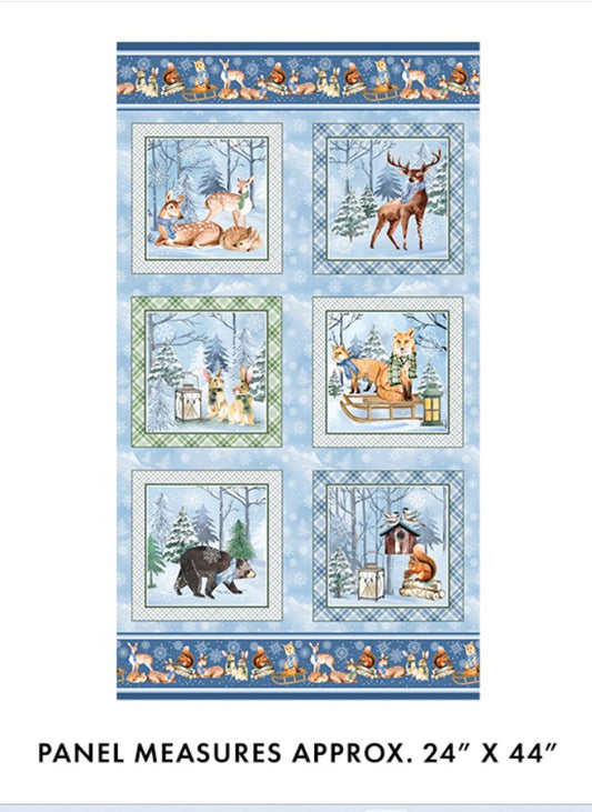 Woodland Wonderland Panel –  Winter Forest Animal Cotton Quilt Fabric,  Woodland Scene