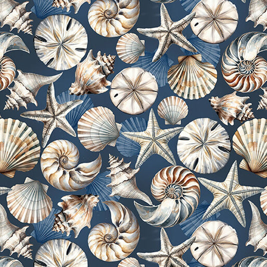 Benartex Coastal Escape Coastal Shells Cotton Fabric – Nautical Seashell Beach Fabric