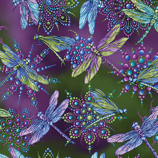 Dragonfly Wonder Cotton Fabric, Vibrant Botanical Print, Quilting Material, Nature-Inspired Fabric